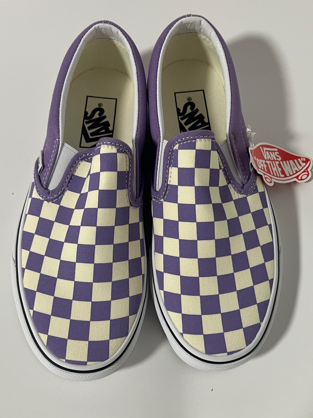 Vans Slip-On Checkerboard Sneakers in Purple and Cream